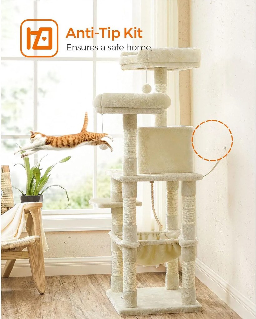 Macskafa, stabil macska torony, 143 cm, bézs | feandrea