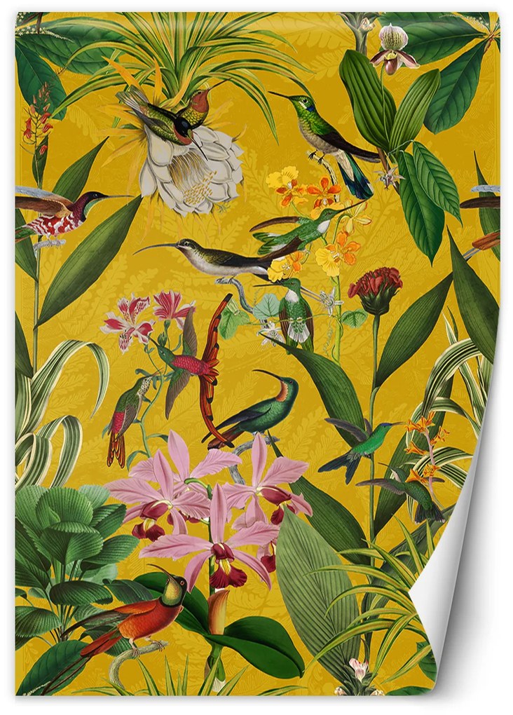 Gario Fotótapéta Madarak és levelek sárga háttéren - Andrea Haase Anyag: Vlies, Méret: 150 x 210 cm