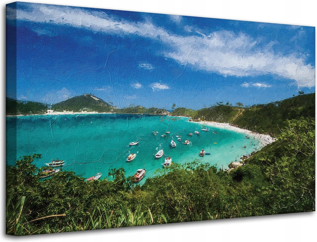 Vászonkép Nyár Hegyek Tó Csónakok Nap 80x50 cm Ideális ajándék