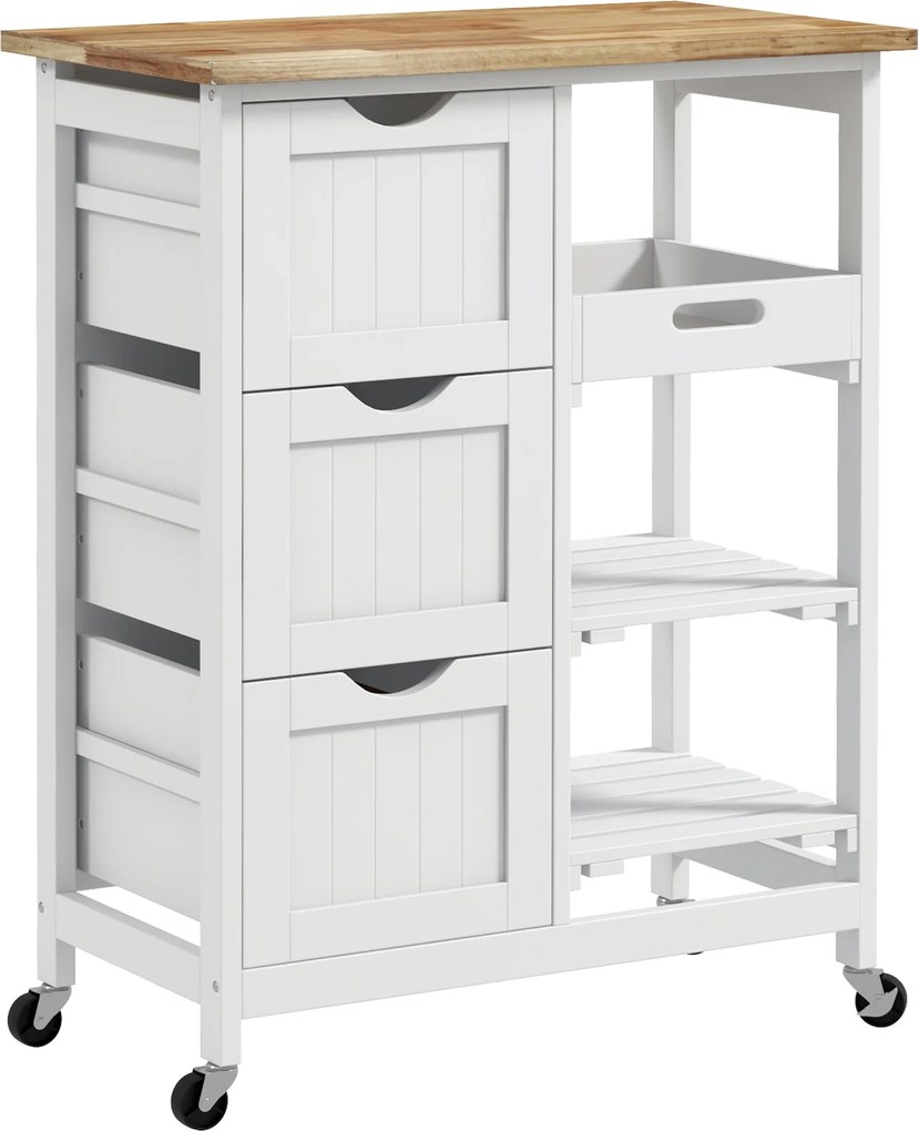 HOMCOM Konyhai Kocsi Kerekekkel Zöldségkocsi Fából Készült Lappal 3 Fiókkal 2 Nyitott Polccal és Leszedhető Tálcával Étkezőbe és Nappaliba 67x37x85,5