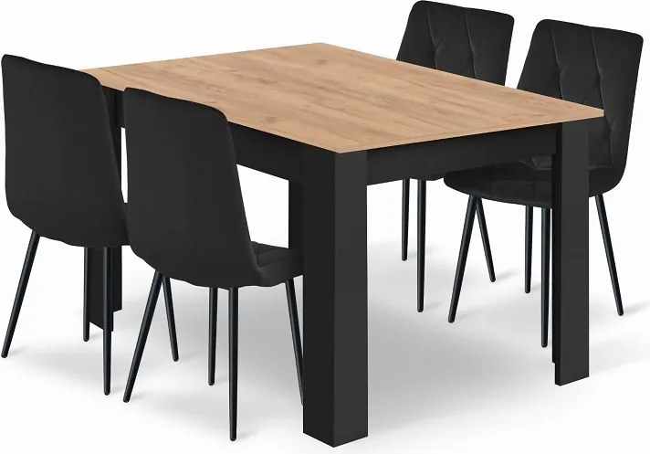 Étkezőasztal szett: NP 120×80 cm craft tölgy/fekete + 4 db DORA szék fekete/fekete láb