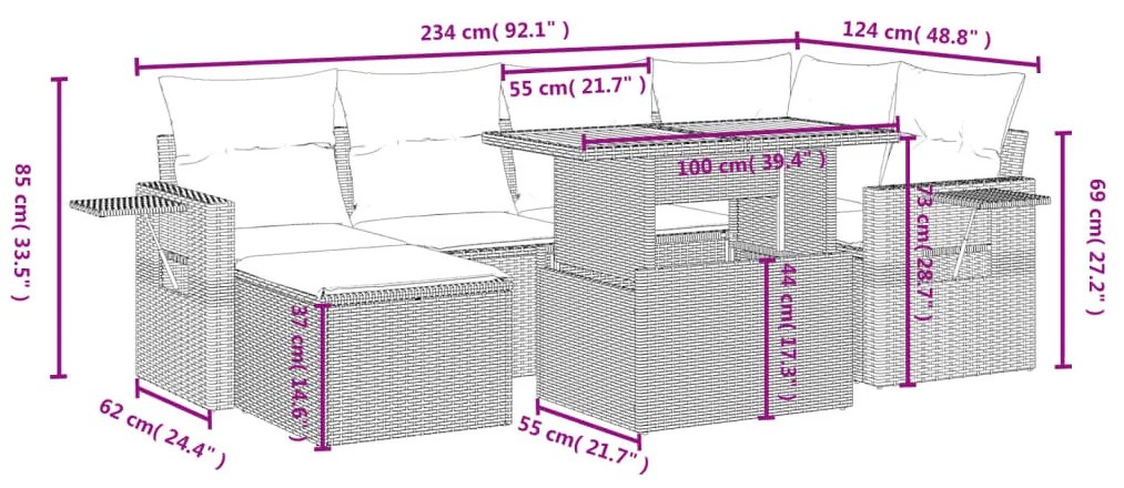 7 részes fekete polyrattan kerti ülőgarnitúra párnával