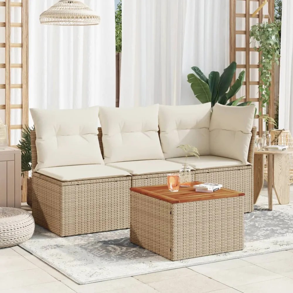 bézs polyrattan és akácfa kerti asztal 55 x 55 x 37 cm