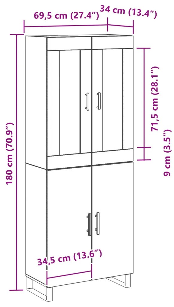 Highboard Fekete Tölgy 69.5x34x180 cm Mérnöki Fa