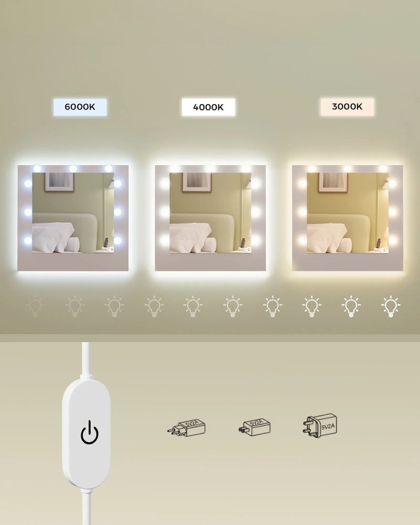 KAILYN LED Fésülködő asztal, tükörrel ellátott sminkasztal, 9 fiókkal, felhőfehér színben