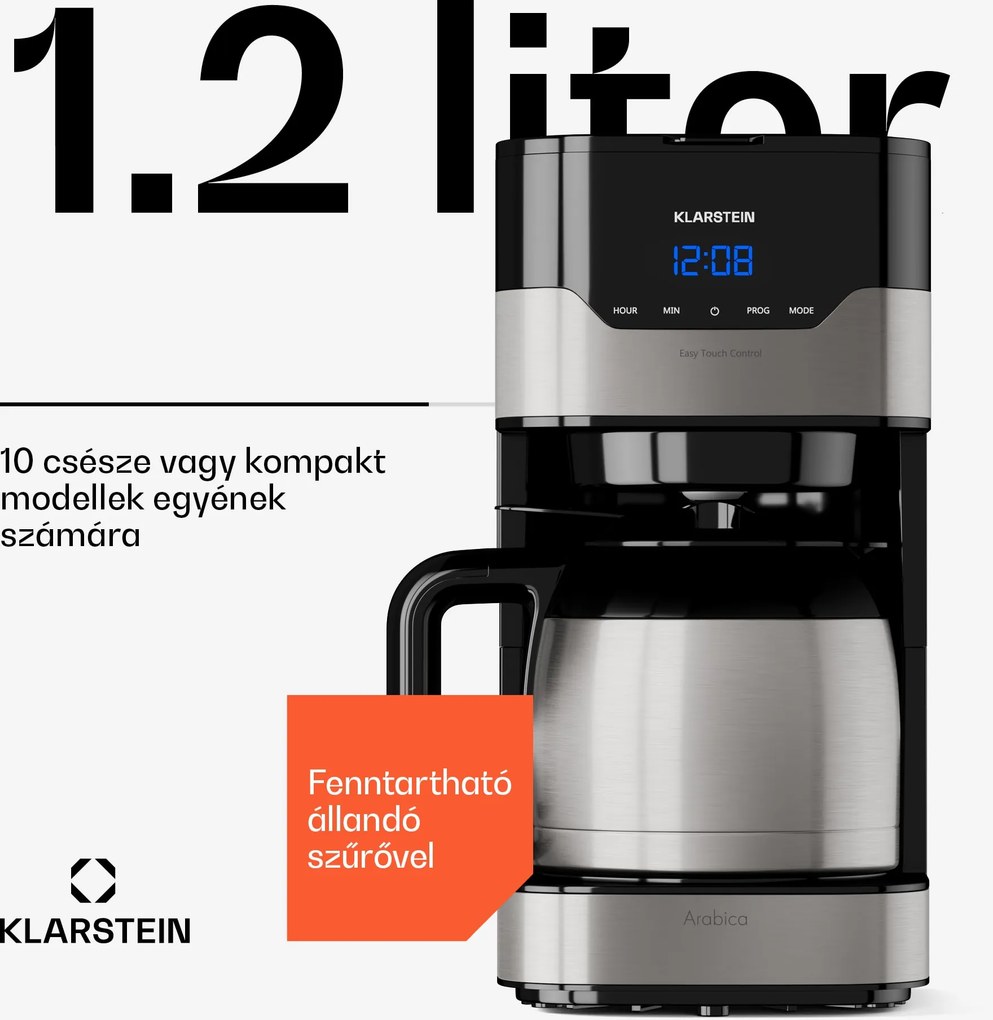 Klarstein Arabica 1.2, kávéfőző, 1.2 l, EasyTouch Control, ezüst/fekete