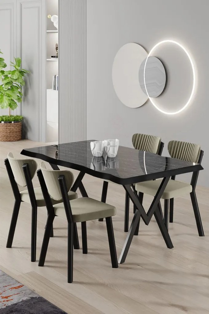 Akort étkezőgarnitúra, fekete márvány-krém, 130 cm