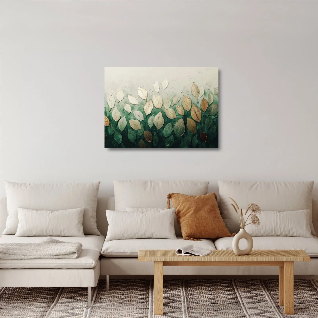 Üveg kép - Arany-zöld levelek (70x50 cm)