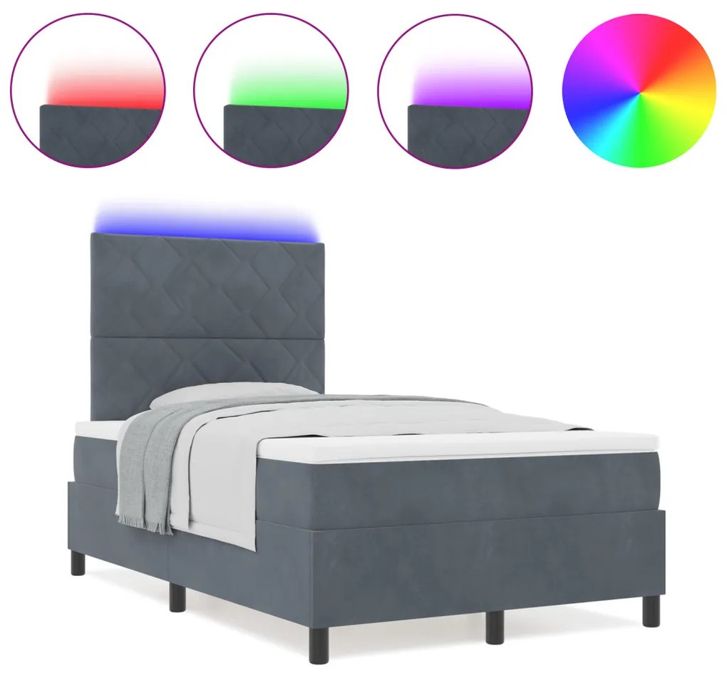 Boxspring ágy matraccal és LED világítással, Sötétszürke, 120x200 cm, bársonyos
