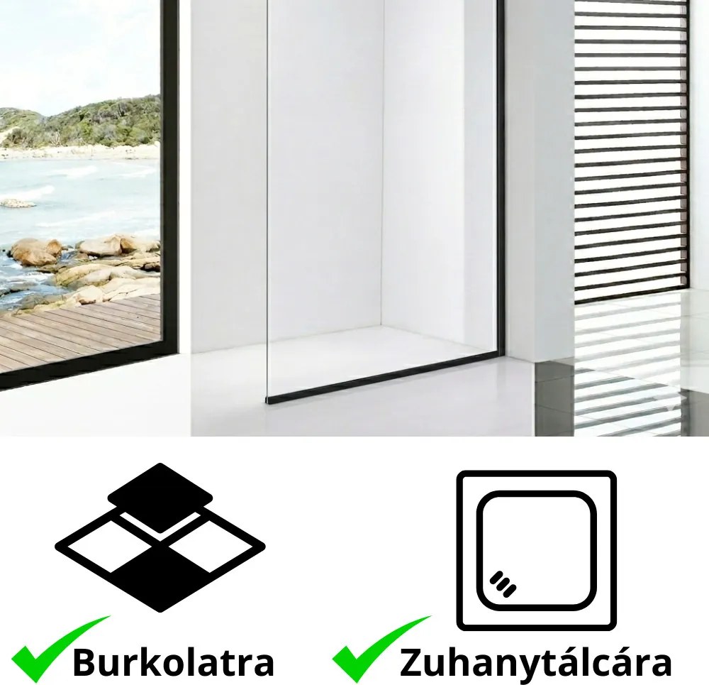 Stuxi Milano Easy Black Walk-in zuhanyfal, 90x200 cm, 8 mm vastag vízlepergető biztonsági üveggel, helytakarékos stabilizátorral