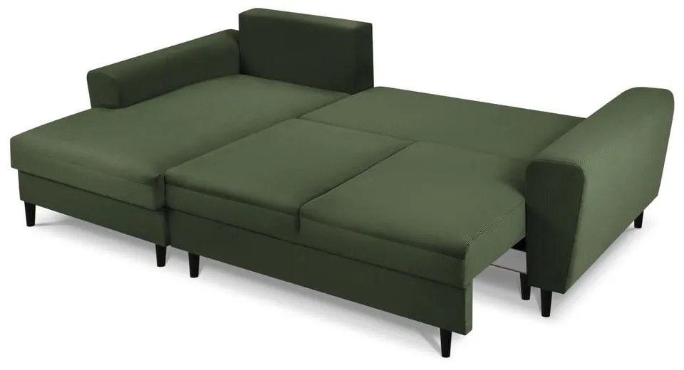 Zöld kordbársony kinyitható tárolóhelyes sarokkanapé (bal oldali-heverő résszel) Kyoto – Cosmopolitan Design