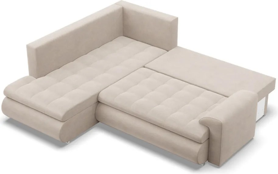 Tokio sarokkanapé, L alakú háttámlával, 2 ágyneműtartóval, bársony, baloldali, bézs