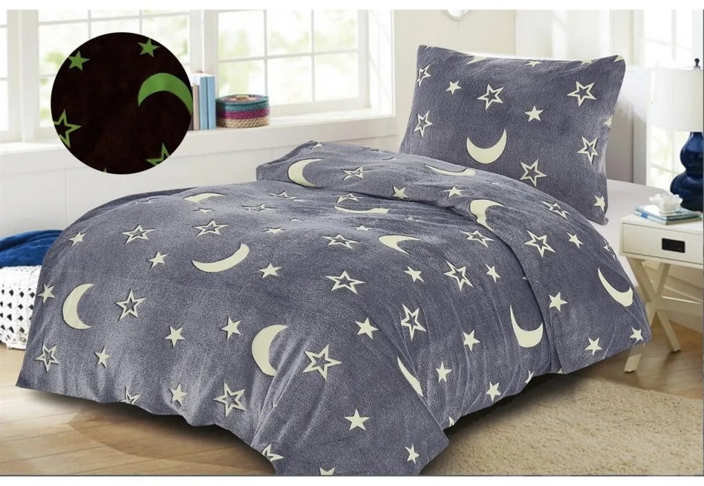 BIG MOON szürke világító mikroplüss ágynemű + SOFT világosszürke mikroplüss lepedő 90x200 cm