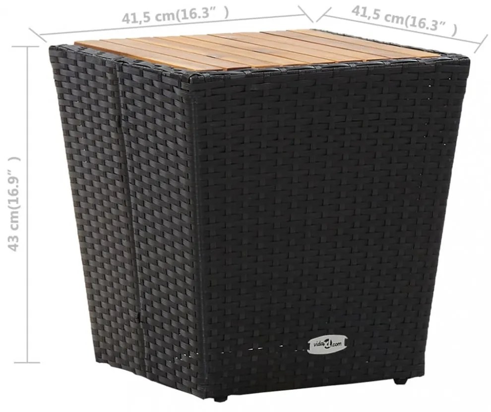 fekete polyrattan és tömör akácfa teázóasztal 41,5x41,5x43 cm