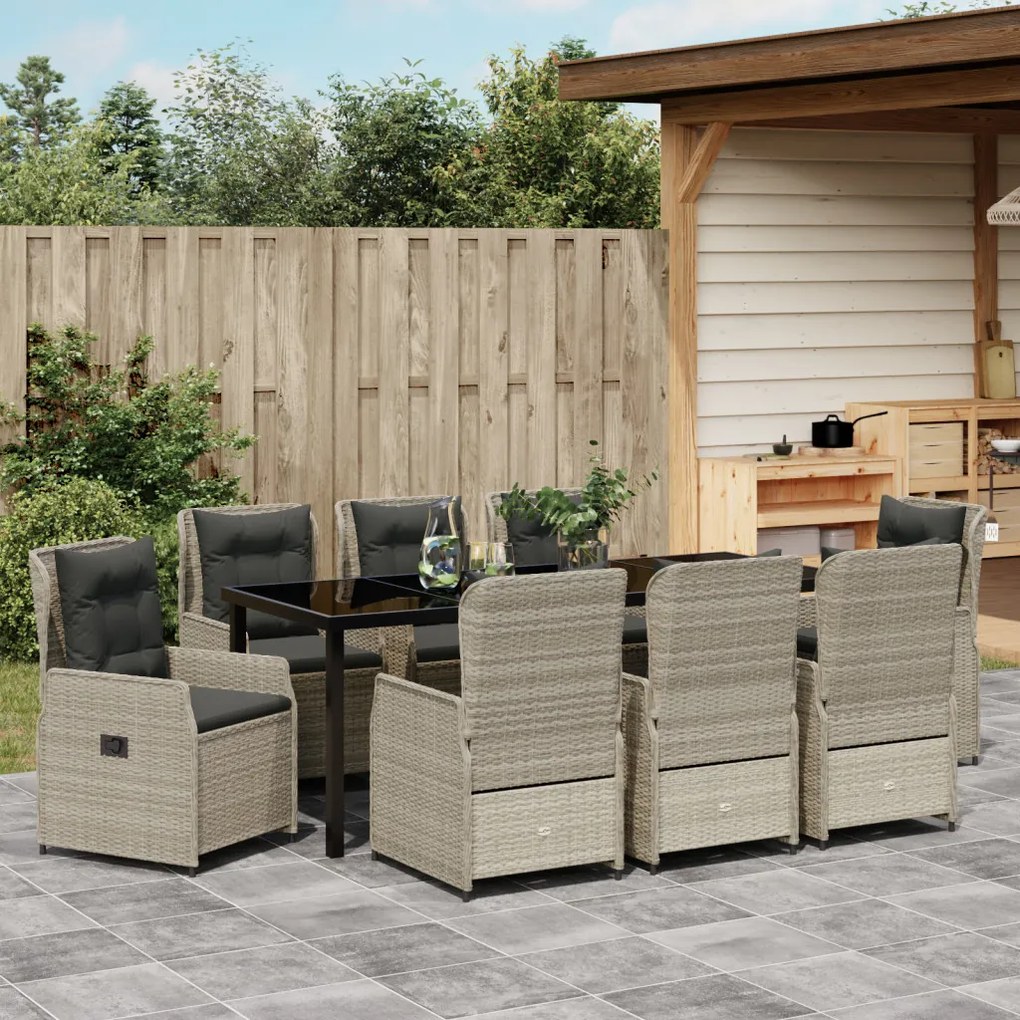 9 Részes Kerti Étkezőszett Világosszürke Poli Rattan, Kerti Asztal Fekete 200x80x73 cm Edzett Üvegből