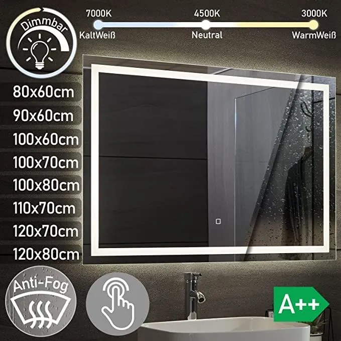 AQUAMARIN Fürdőszobatükör LED világítás 80 x 60 cm 28 W