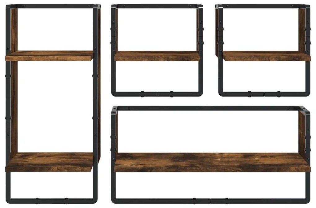 4 részes füstölt tölgy színű szerelt fa fali polc szett rúddal