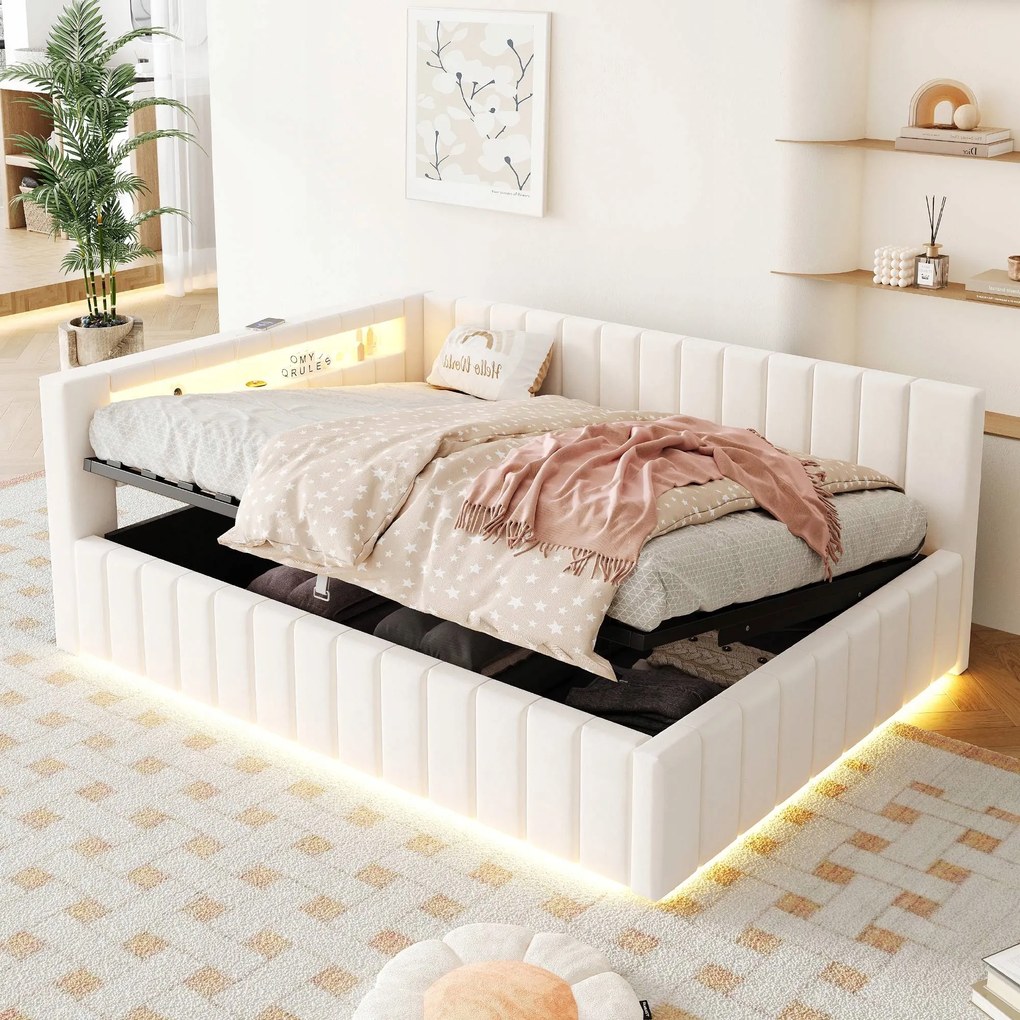 Kárpitozott ágy Összecsukható kanapé 140x200 Hidraulikus Usb Led aljzat Bézs