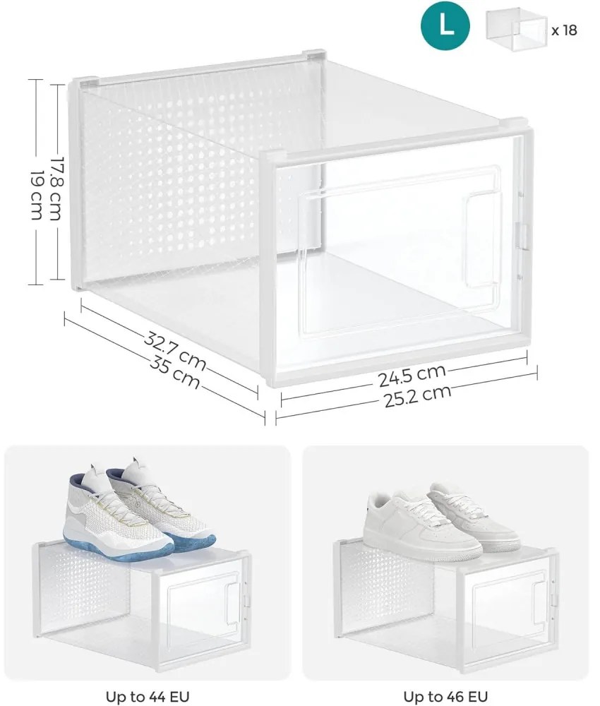 Cipőtároló doboz, egymásra rakható műanyag tároló 18db, átlátszó 35 x 25 x 19cm