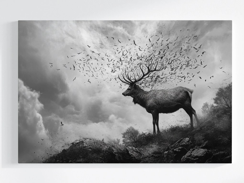 Vászonkép Canvas Absztrakt Természet Szarvas Madarak Szürke Hegyek 120x80