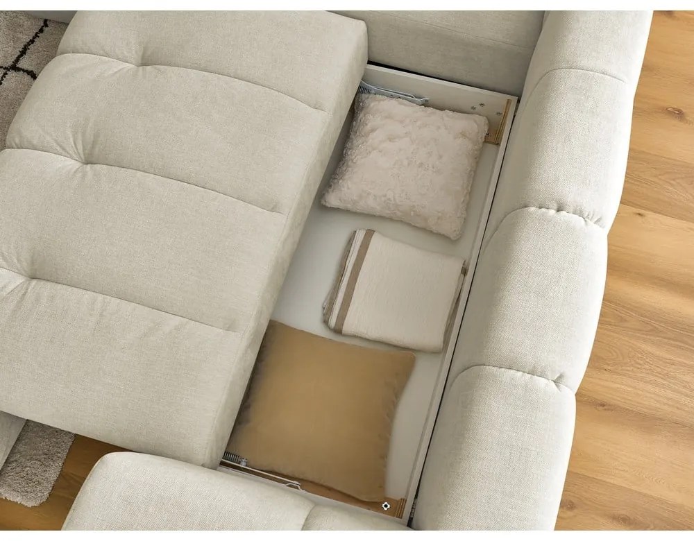 Bézs kinyitható-tárolóhelyes sarokkanapé (bal oldali-L alakú) Fuji – Bobochic Paris