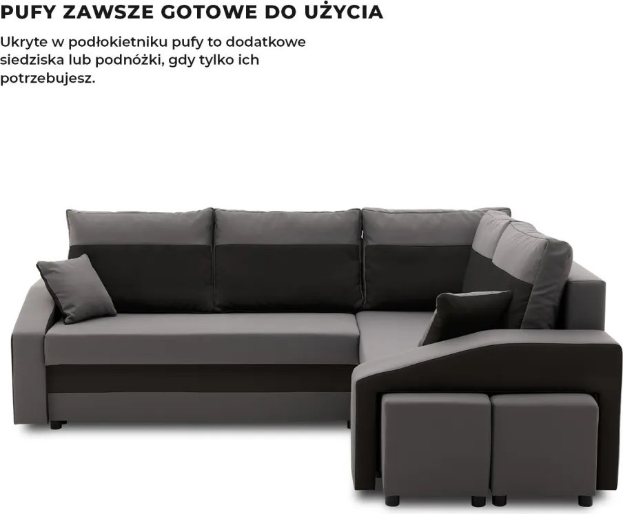 Grande sarokkanapé polcokkal és puffokkal , polc a bal karfaban puffok a jobb karfaban, jobboldali, szövet anyag, bonell töltet, szürke - fekete