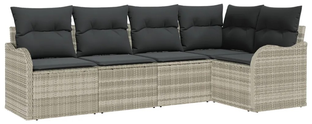 5 részes kerti kanapé szett párnákkal, világosszürke poli rattan, 2 fős kerti kanapé párnákkal, világosszürke poli rattan