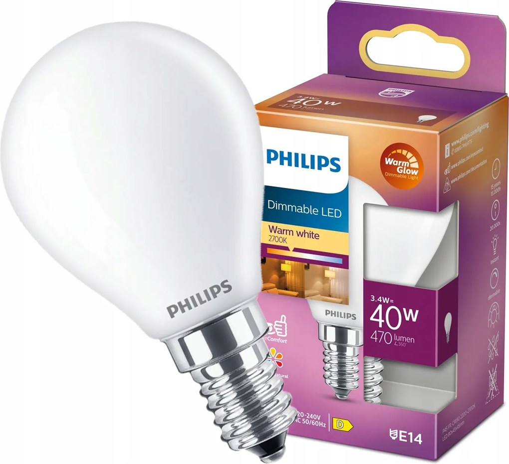 Led izzó Golyó E14 3.4W 40W 470lm 2700K Tompítható Filament Philips