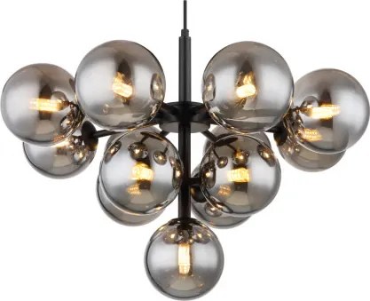 Globo 56143-13 Függeszték fém fekete matt, füstszínű üveg gömbök, fekete textil kábel, magassága lerövidíthető, ø: 560mm, M: 1200mm, 13x G9 LED 5W 230V izzók nélkül