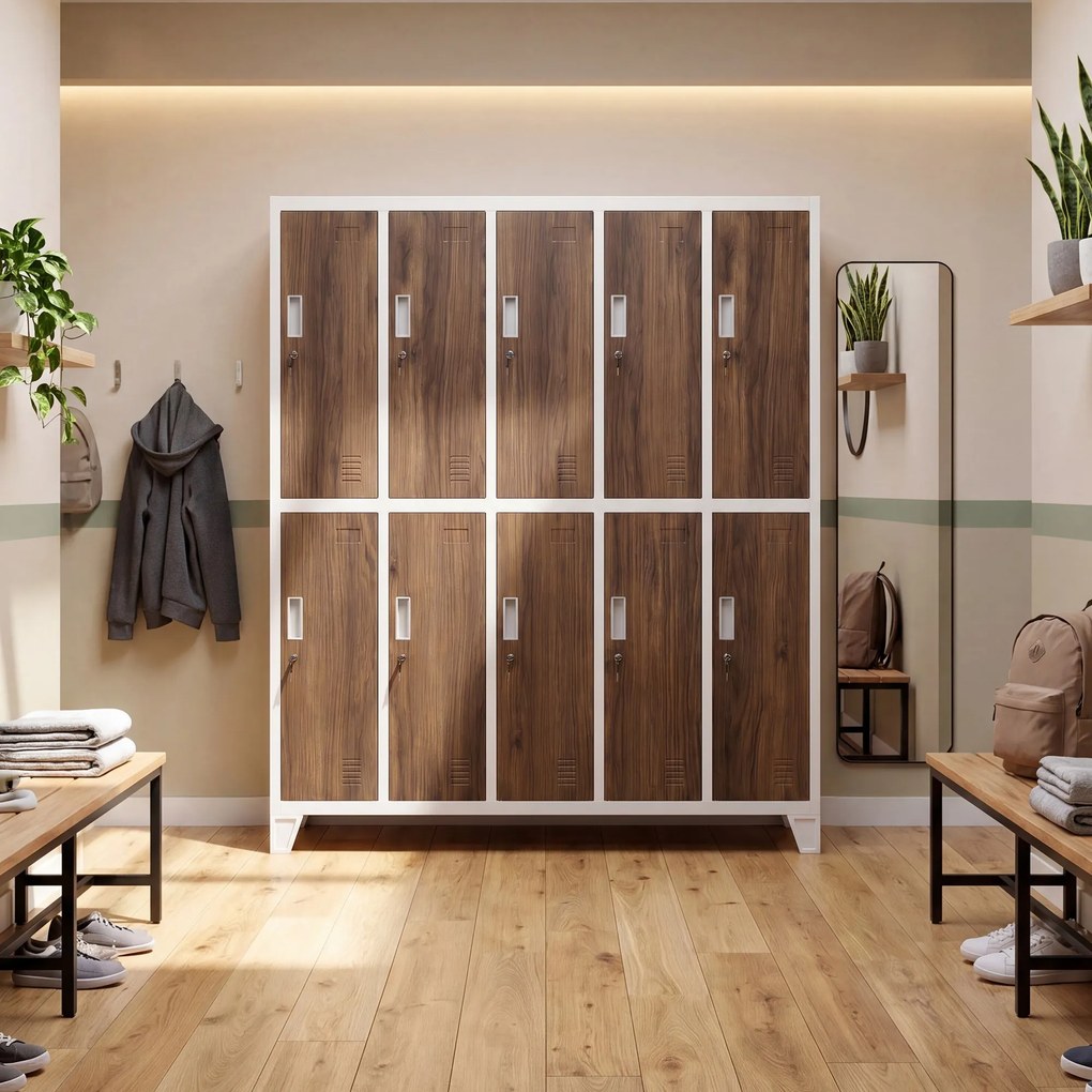 Munkavédelmi öltözőszekrény, 10 ajtós, fehér/dió, 1360x1720x450 mm: BARTEK Eco Design