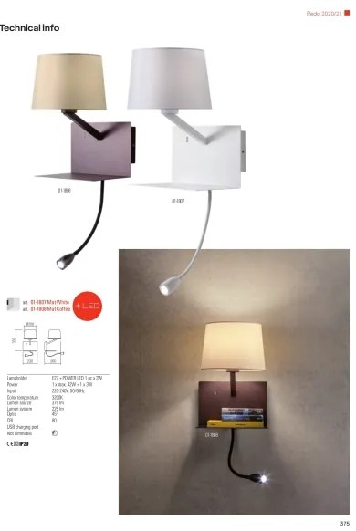 Redo 01-1807 - LED fali lámpa TOMO 1xE27/42W/230V+1xLED/3W