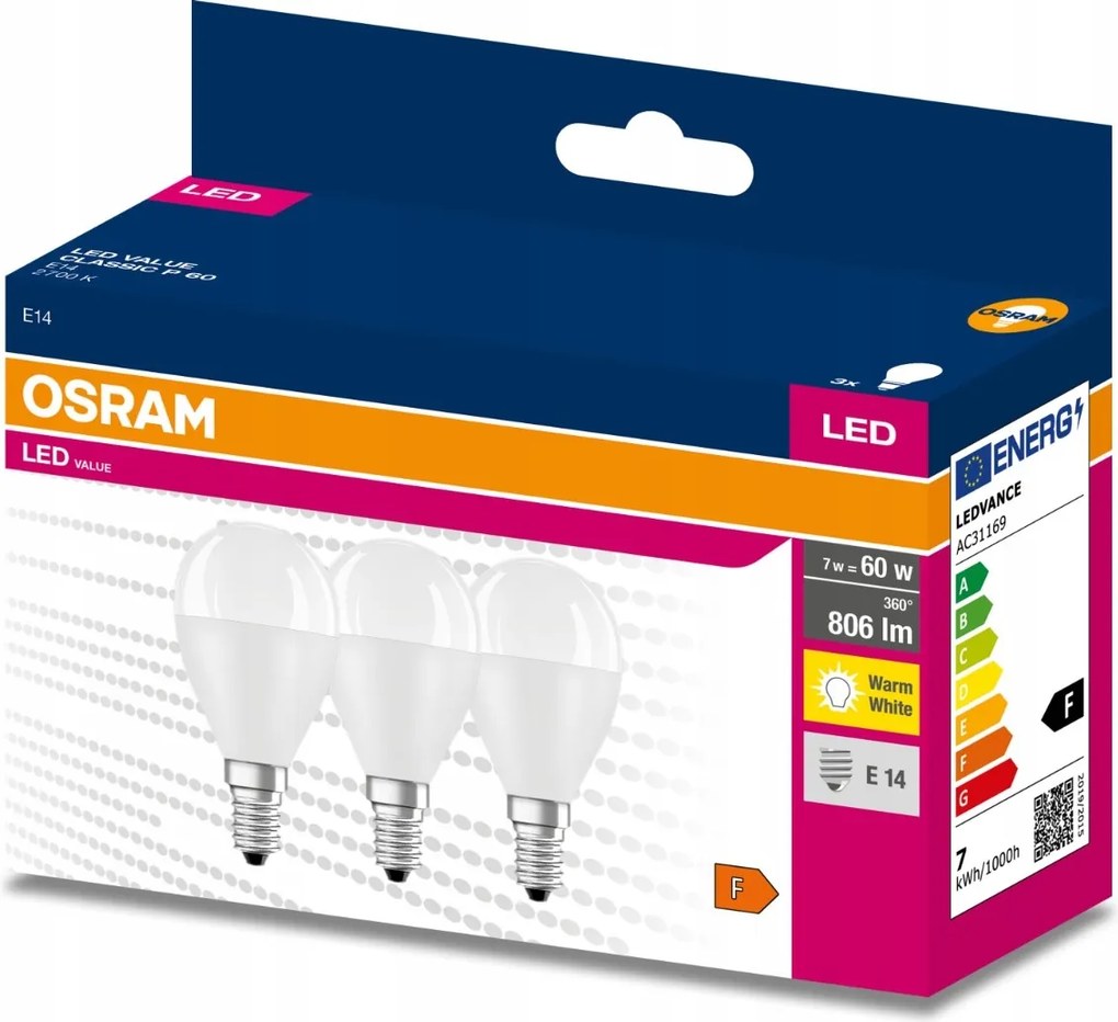 3x Led izzó E14 P45 6,5W 60W 806lm 2700K Meleg 200° Osram Value