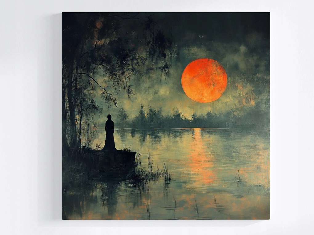 Vászonkép Canvas Tájkép Tó Hold Figura Nő Éjszaka 40x40