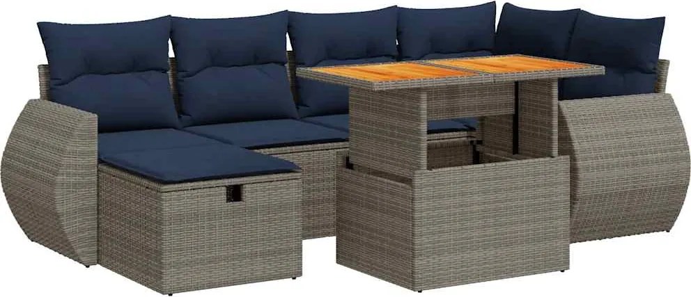 vidaXL 7 részes barna polyrattan akácfa kerti ülőgarnitúra párnákkal