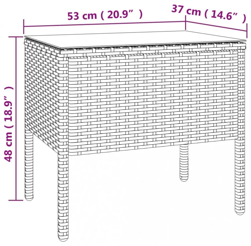 fekete polyrattan és edzett üveg kisasztal 53 x 37 x 48 cm