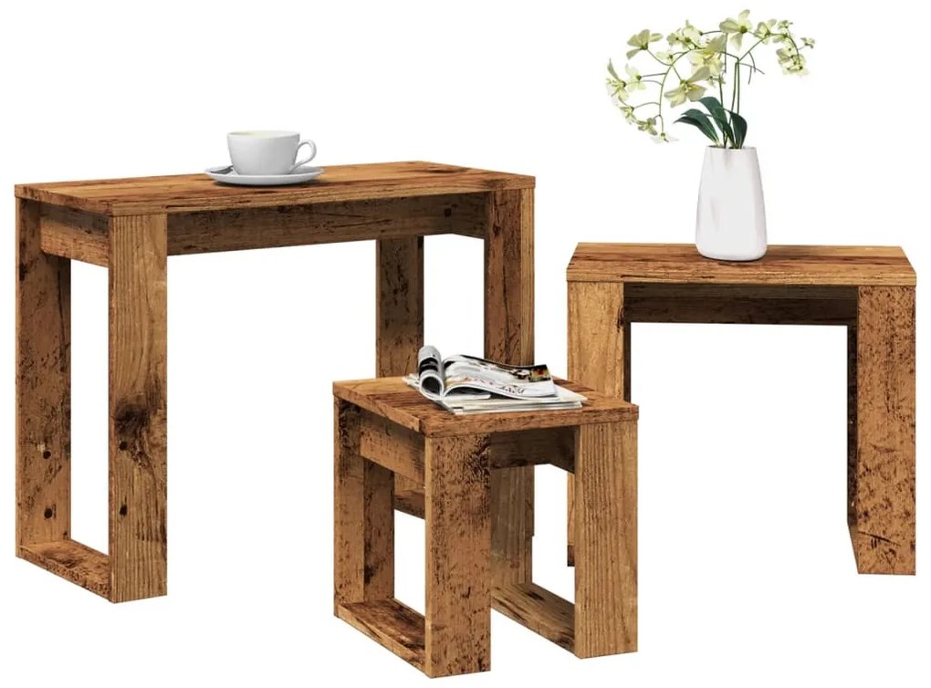 3 db antik fa színű szerelt fa egymásba tolható asztal