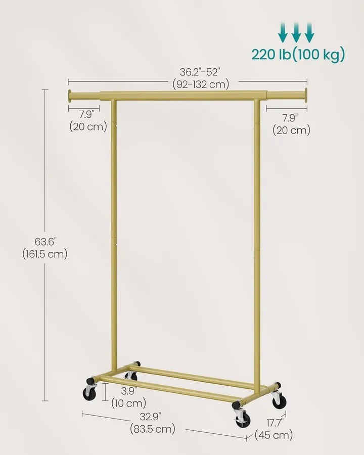 Gurulós ruhatartó állvány, nagy teherbírású 100 kg, 45 x (92–132) x 161,5 cm, világos arany