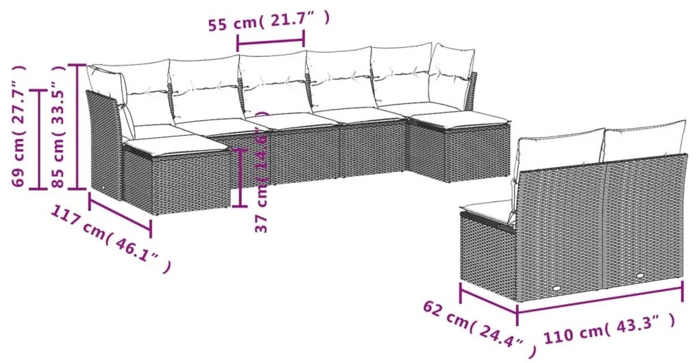 9 részes fekete polyrattan kerti ülőgarnitúra párnákkal