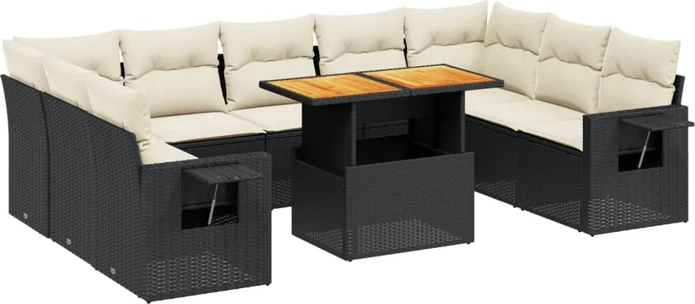 vidaXL 10 részes fekete polyrattan kerti ülőgarnitúra párnákkal