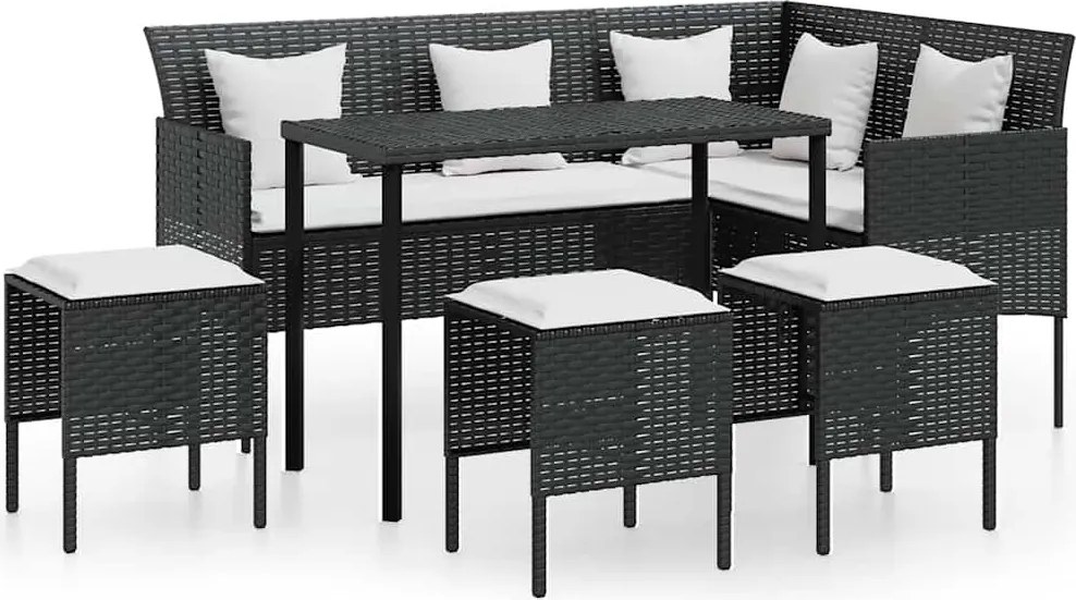 vidaXL 5 személyes fekete polyrattan L-alakú kanapészett párnákkal