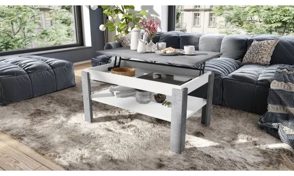 Átalakítható konferenciasztal emelhető lappal és polccal ADEN szürke beton/fehér