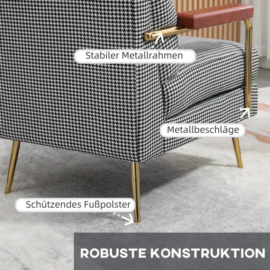 HOMCOM Retró dizájnú karosszék, kiegészítő szék, tyúklábminta, fa elemek, rugós mag, fekete-fehér