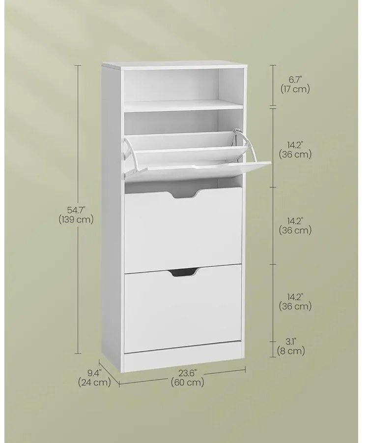 Cipős szekrény 3 csuklós ajtóval, cipőtartó, 24 x 60 x 139 cm, felhőfehér