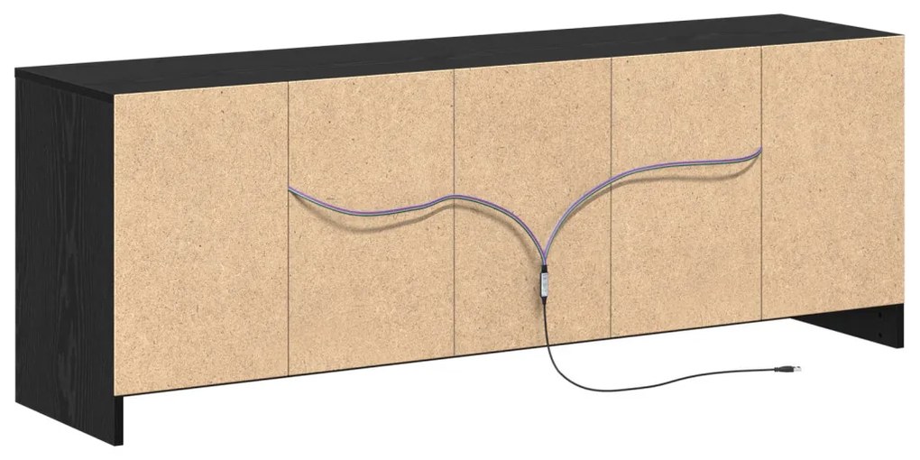 TV Szekrény LED Fekete Kőrisből, 139.5x34x50 cm, Mérnöki Fa Anyagból