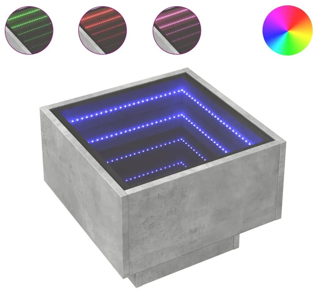 Betonszürke szerelt fa kisasztal LED-del 40 x 40 x 30 cm