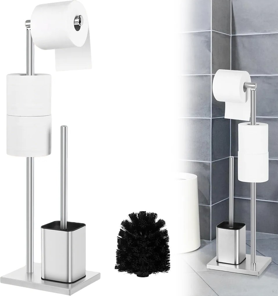 WC-papír tartó állvány tartóval és wc kefével rozsdamentes acél