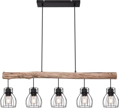 Globo 15326-5N Függeszték fém fekete drótháló búrával, natúr fa betéttel. LxBxH:1040x136x2090, exkl. 5xE27 40W 230V