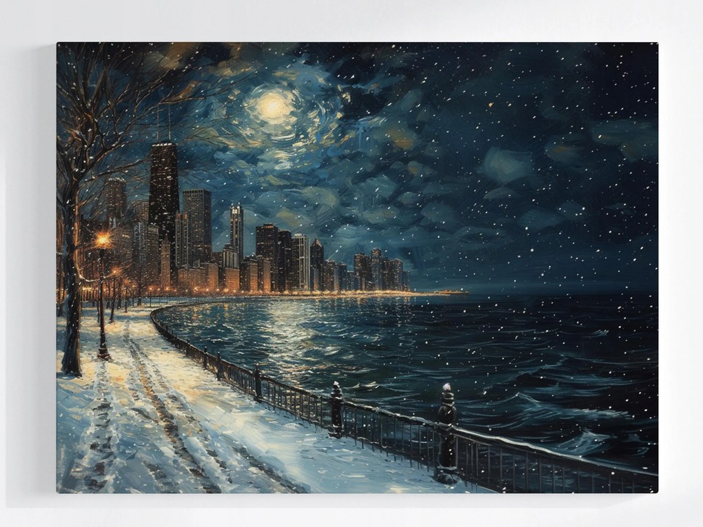 Vászonkép Canvas Éjszaka Panoráma Chicago Tél Hó Csillagok 80x60