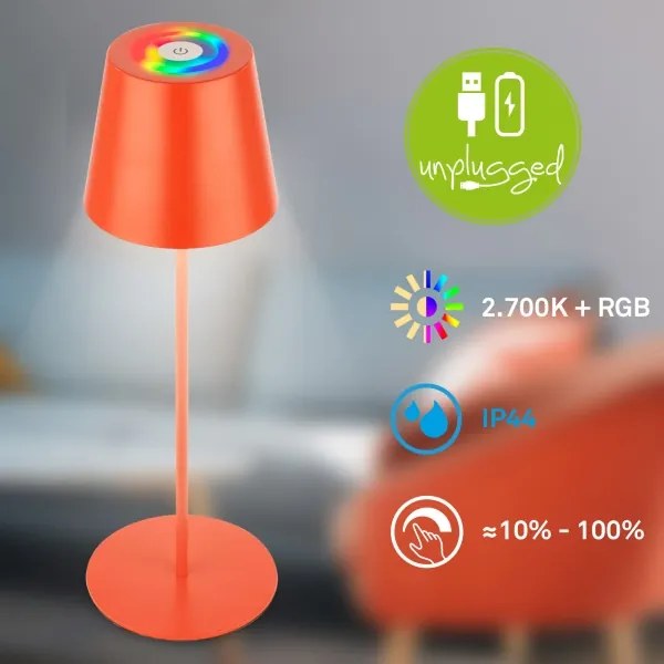 Briloner 7510012-LED RGB dimmelhető asztali lámpa CALIDA 2,5W/5V IP44 1200mAh narancssárga
