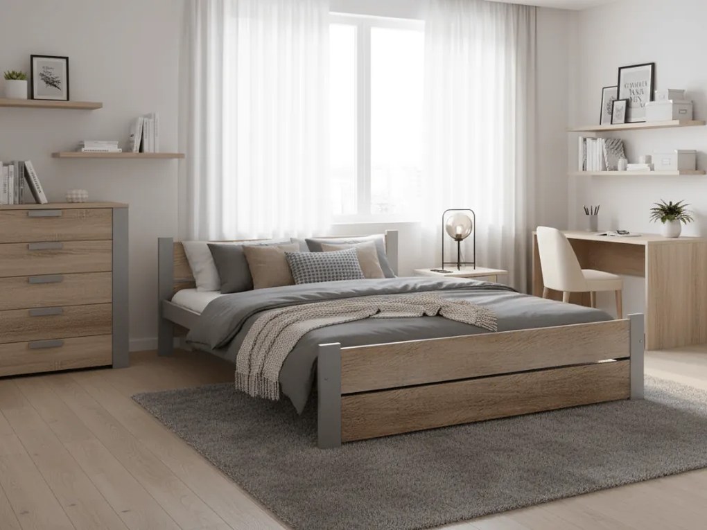 Ágy IKAROS DOUBLE 160 x 200 cm, sonoma tölgy/szürke Ágyrács: Lamellás ágyrács, Matrac: Deluxe 10 cm matrac